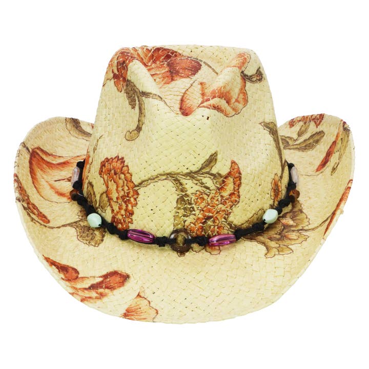 Cap Zone - Wholesale Cowboy Hat - Women's - Floral Print Raffia Straw Cowboy Hat