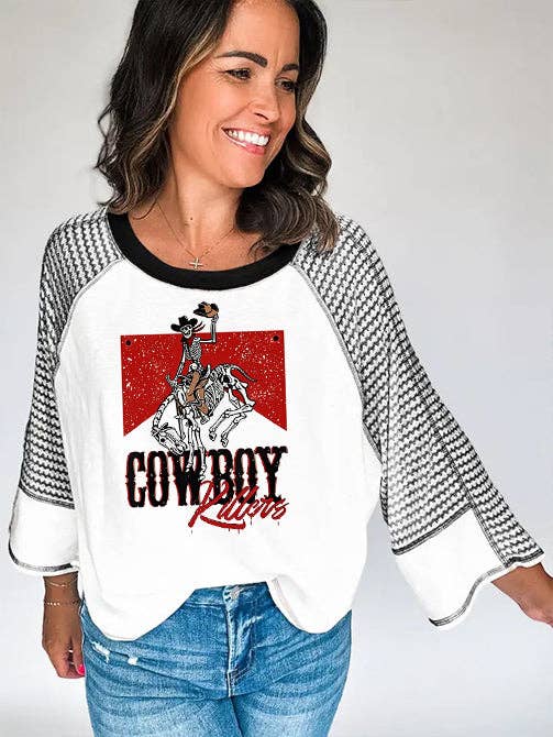 Black Rodeo Cowboy Print 3/4 Sleeve Western Tee for wholesale on Faire