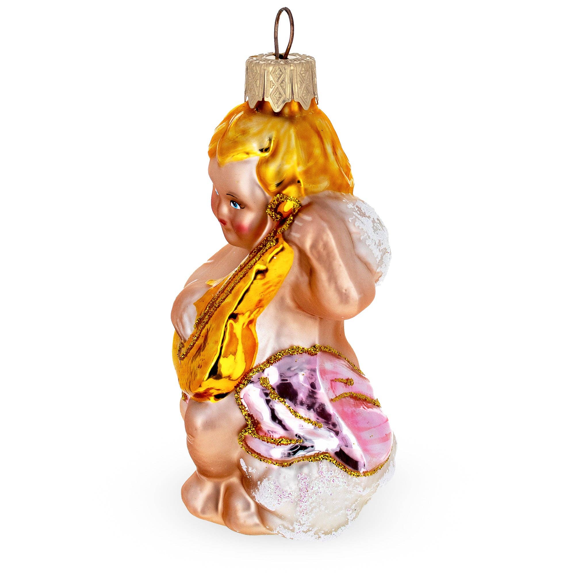 BestPysanky - Wholesale Ornament - Cherub Angel Musician Playing Golden Mandolin Glass Ornament1