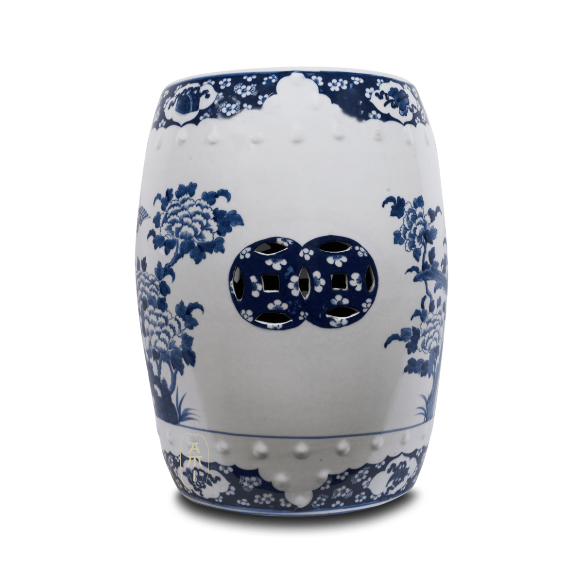 Asian Mix Interior - Vente Tabouret - Tabouret de jardin en céramique blanc et bleu fleurs et oiseaux2