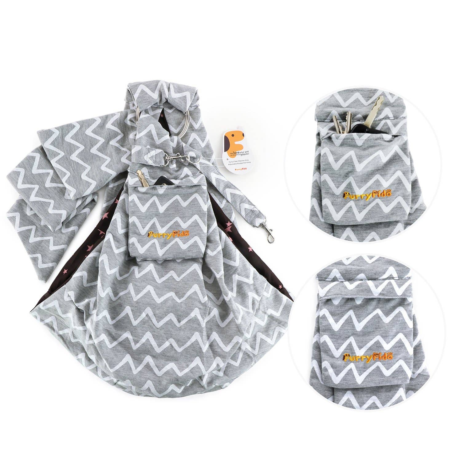 Furry Fido Pet Supplies - Wholesale Pet Carrier - Cat/Dog - Furry Fido Chevron Grey Adjustable Pocket Pet Sling7