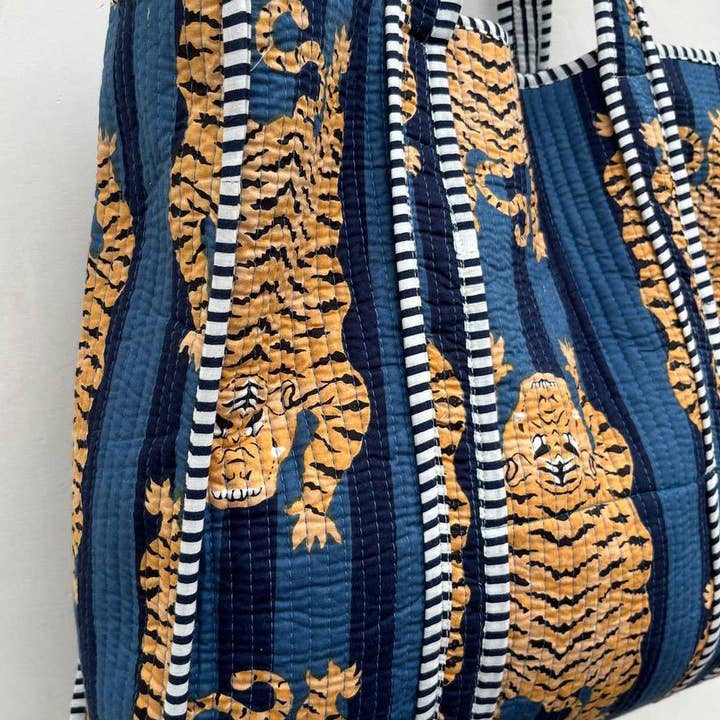 bhavnas boutique - Wholesale Tote Bag - Women's - Blue Cotton Quilted Tiger Print Bag Women Shopping Carry Bag