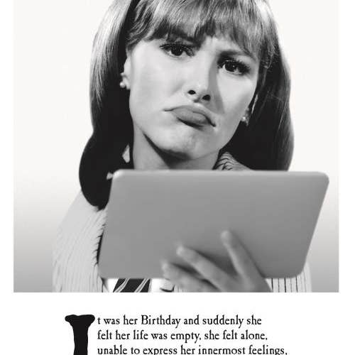 EMOTIONAL RESCUE - Wholesale Birthday Card - On the Ceiling Daughter Woman Looking Sad, Holding an Ipad