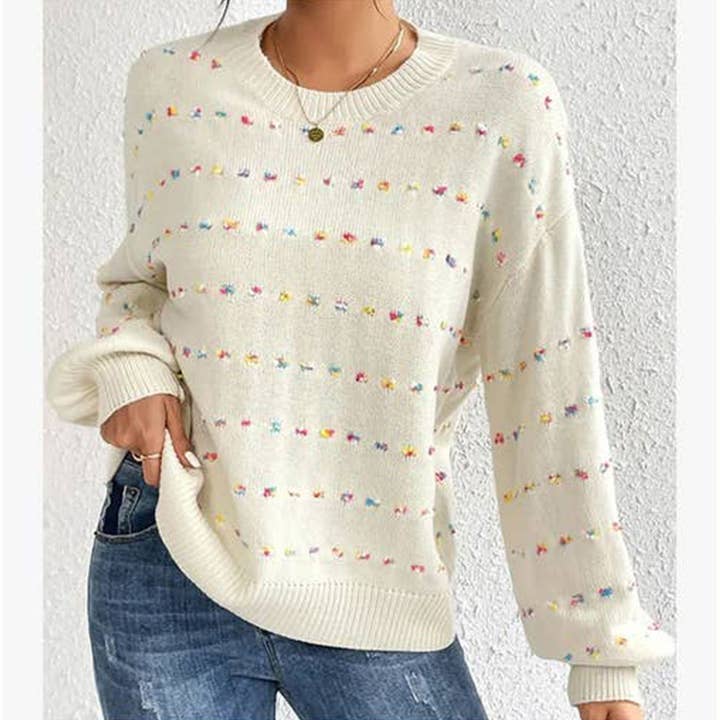 MULTICOLOURED JACQUARD CREW NECK PULLOVER SWEATER for wholesale by Lily Clothing