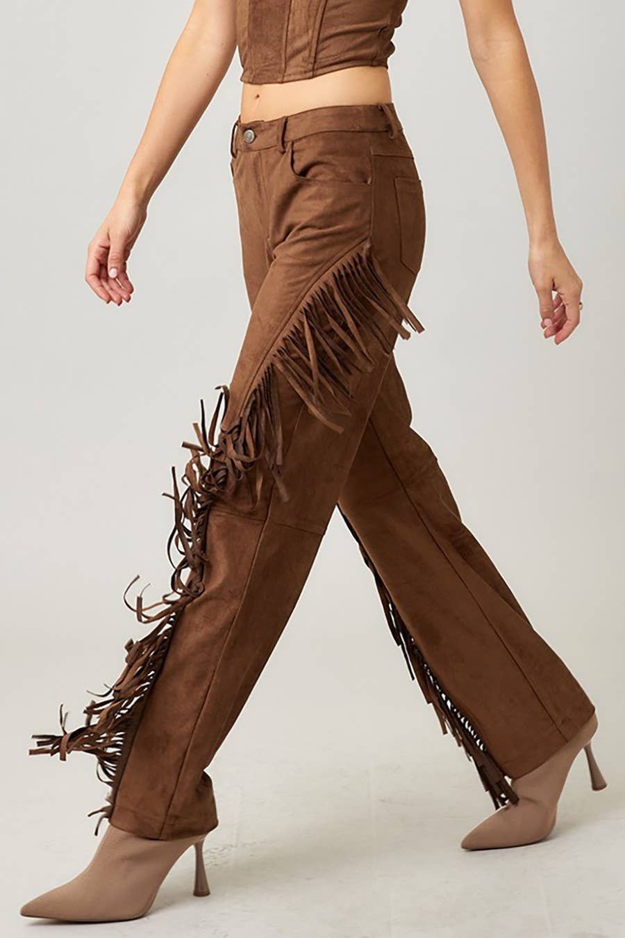 MOCHA Suede Fringed Pants for wholesale on Faire0