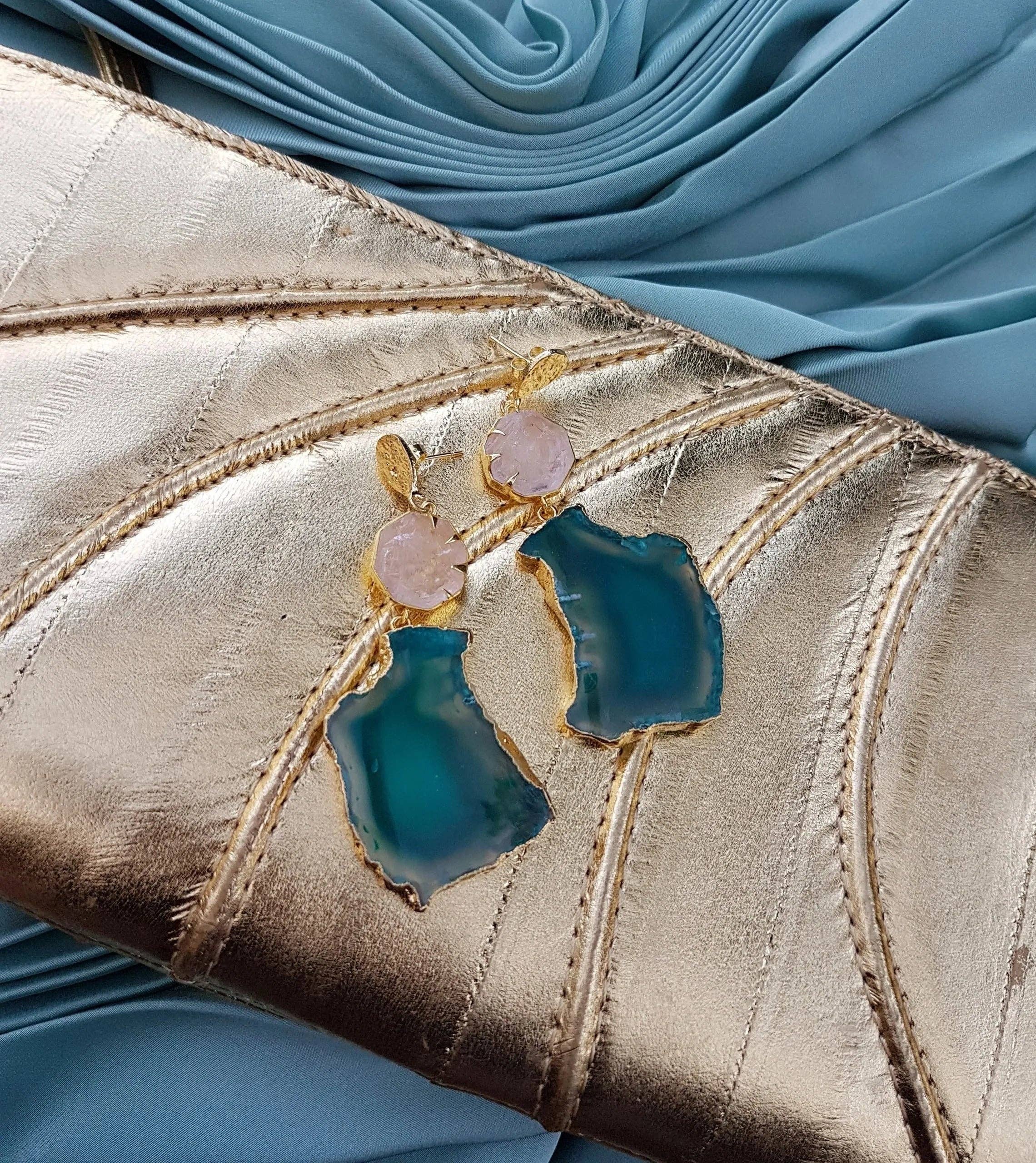 YAA YAA LONDON - Wholesale Dangle Earrings - YAA YAA LONDON 'Hold on' Rose Quartz Gemstone Statement Earrings - Green3