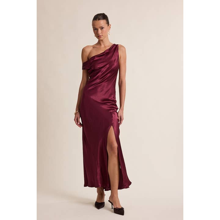 HOLIDAY SATIN ONE-SHOULDER SIDE SLIT MAXI DRESS for wholesale by Sky to Moon