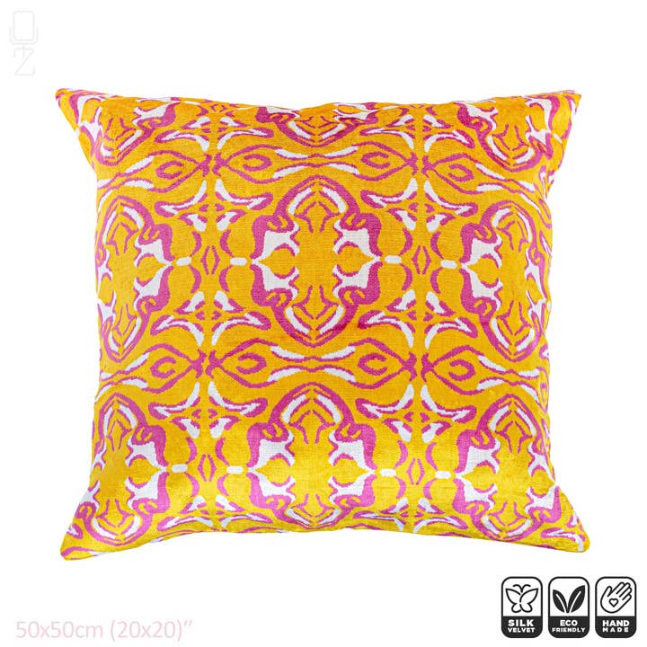 Traditional Yellow & Pink Silk Ikat Velvet Cushion Covers for wholesale by OyzShop