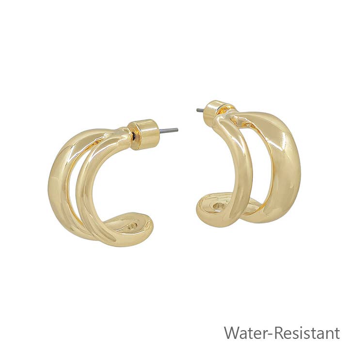 What's Hot - Wholesale Hoop Earrings - Water Resistant Gold Open Double Layered .75" Huggie Hoop Earring