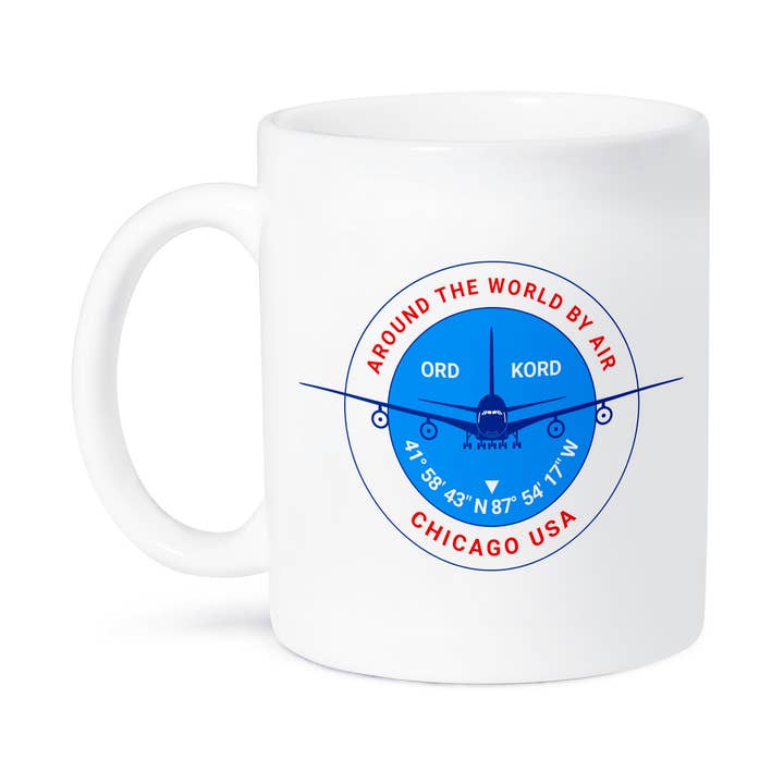 3dRose - Wholesale Coffee Mug - 3dRose, Round badge, a blue airliner. Red text Chicago, coordinates, Mug8