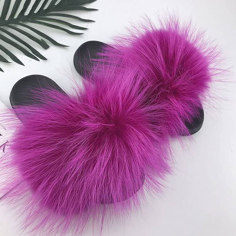 FurDecoration - Vente Chaussons – femme - Mules en vrai fourrure de raton laveur longue avec pompon moelleux pour femmes et filles9