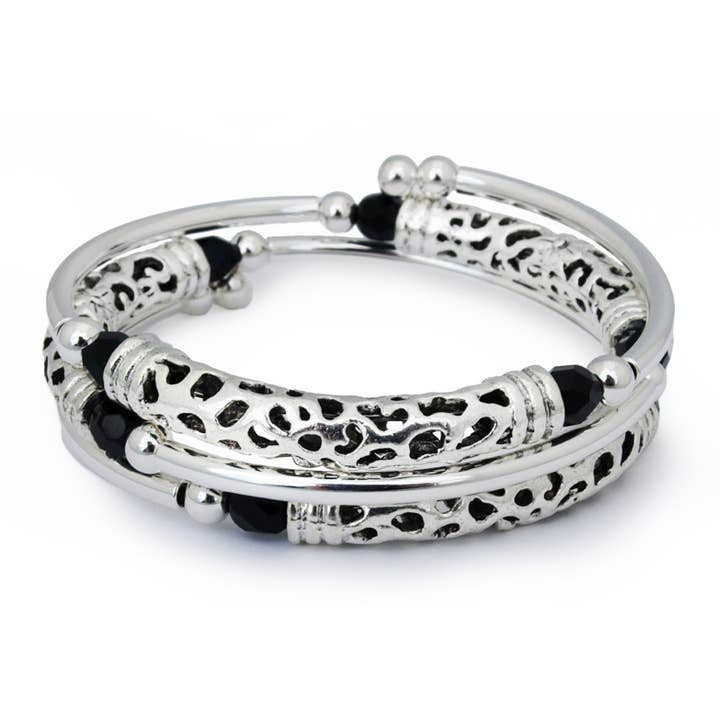 Marilyn - Silver Filigree Curved Tube & Black Bracelet for wholesale by Crazyartgrrl Jewelry