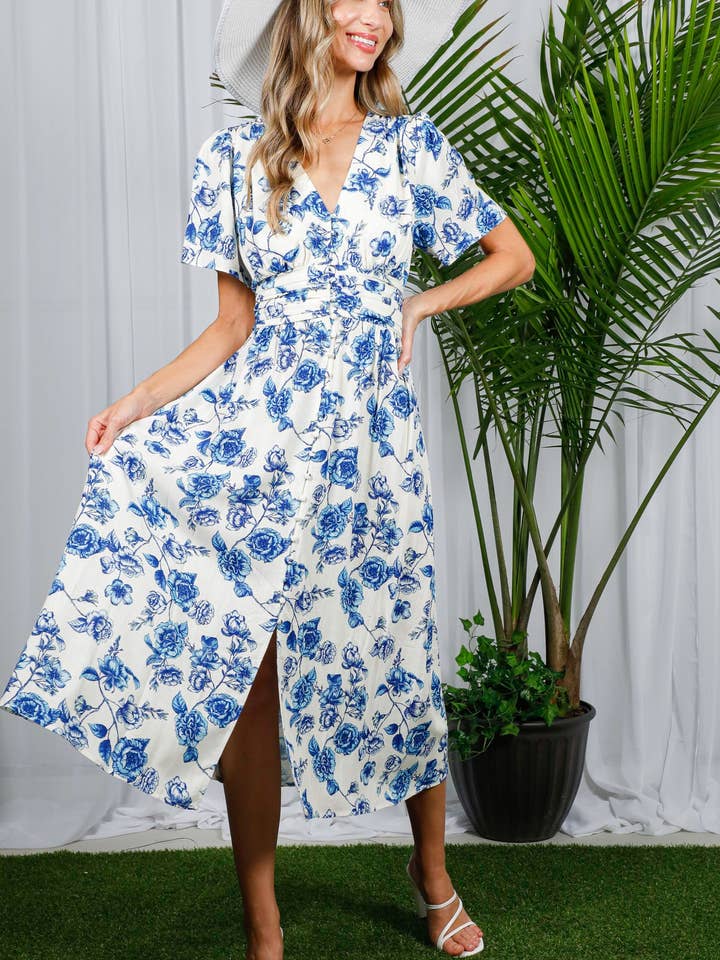 Floral Smocked Back Slit Detail Split Midi Dress VD82368 for wholesale by Vine & Love