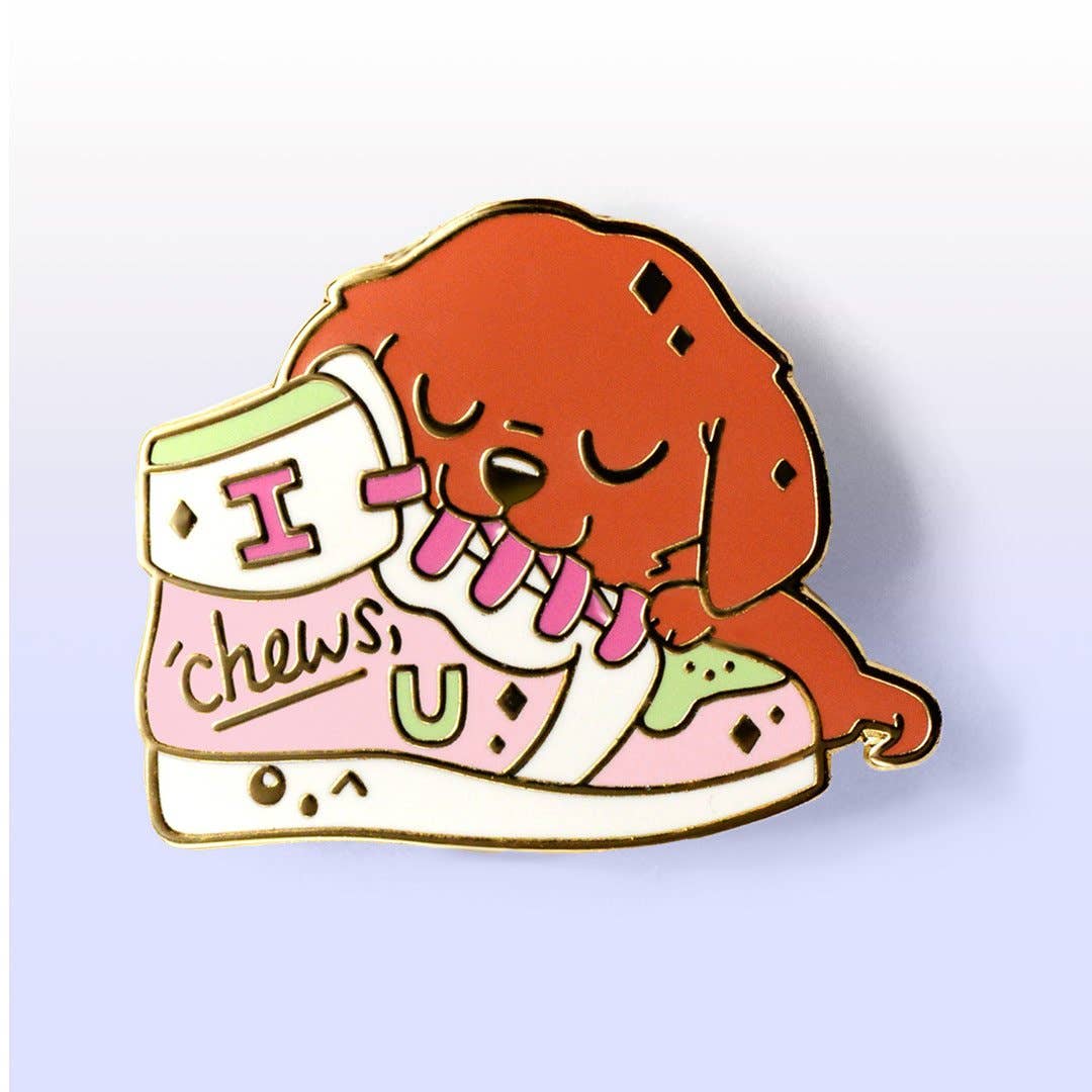 Flair Fighter - Wholesale Lapel Pin/Button - "I Chews U" Golden Retriever Shoe Enamel Pin, father's day6