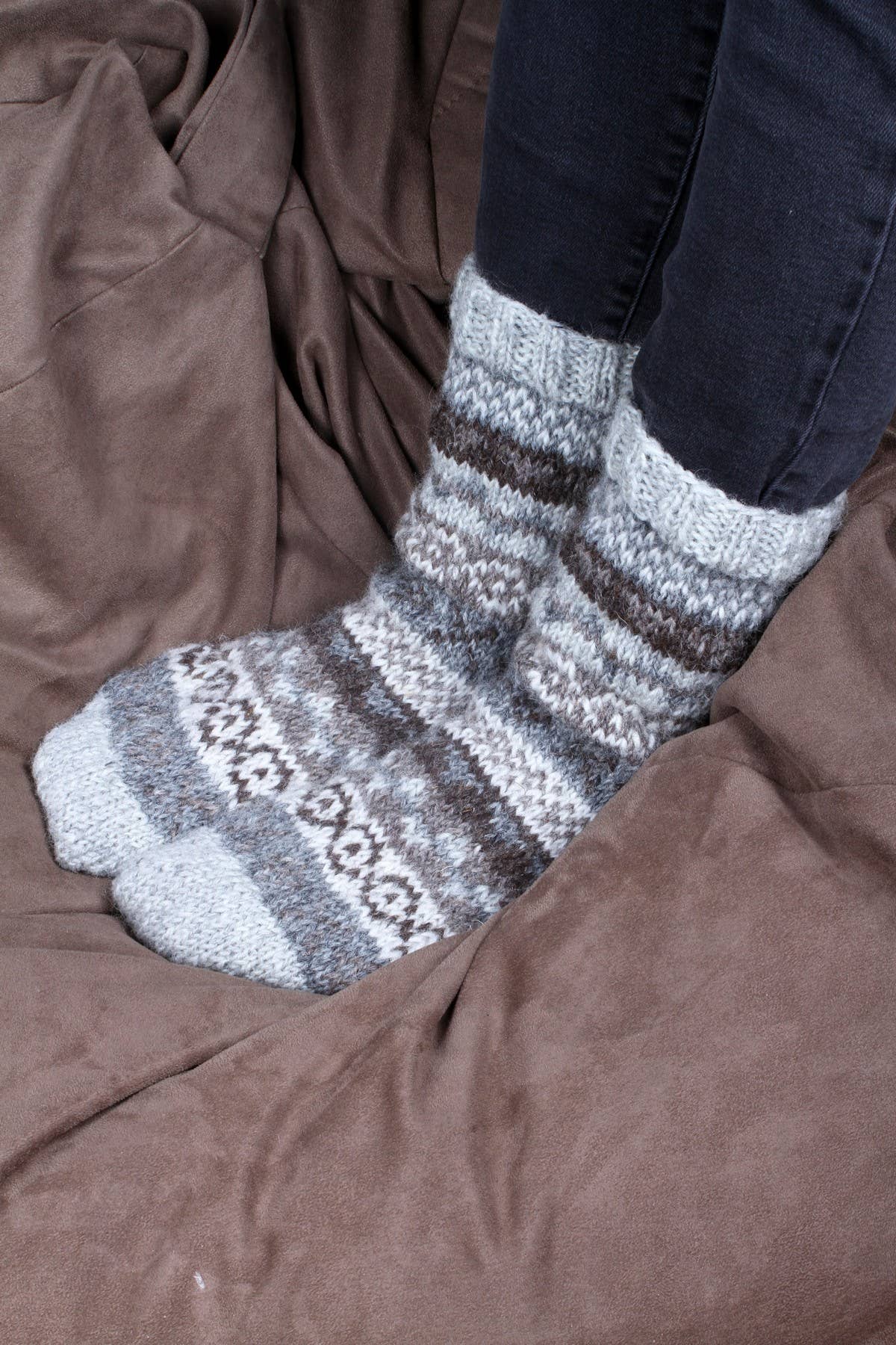 One Colour Classic Fair Isle Wool Handmade Knit Sofa Socks Natural for wholesale on Faire1