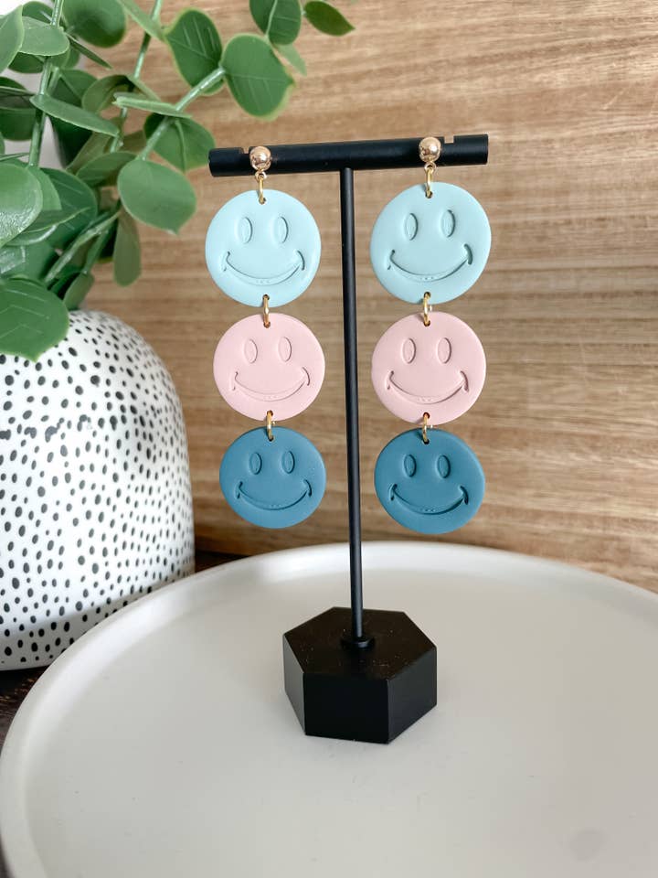 Happy Face Dangles | Tri-Dangles | Clay Earrings for wholesale by Finley River | Trendy Polymer Clay Earrings | Hypoallergenic