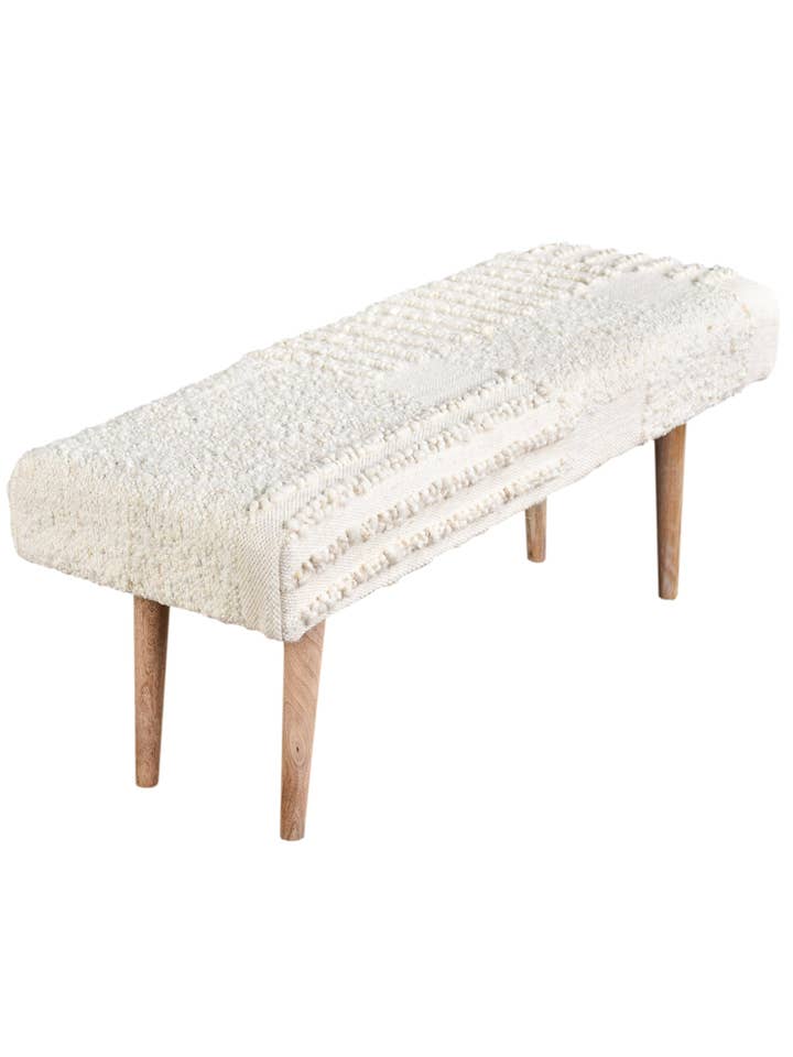 White Boucle Patchwork Handwoven Bench for wholesale by Anaya Home