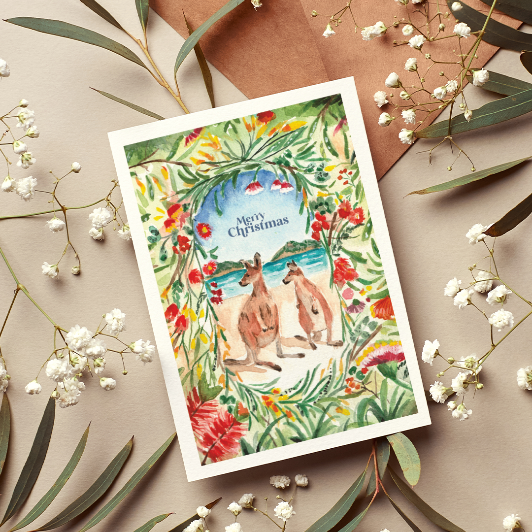 Well Drawn – wholesale Julkort – Känguruer på stranden2