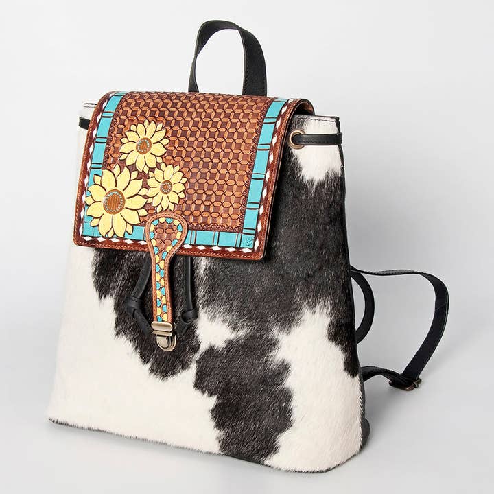 LC-ADBGZ101B Cowhide Backpack with Hand-Painted Sunflower Tooled Flap - Western Floral Bag for wholesale by LS Western