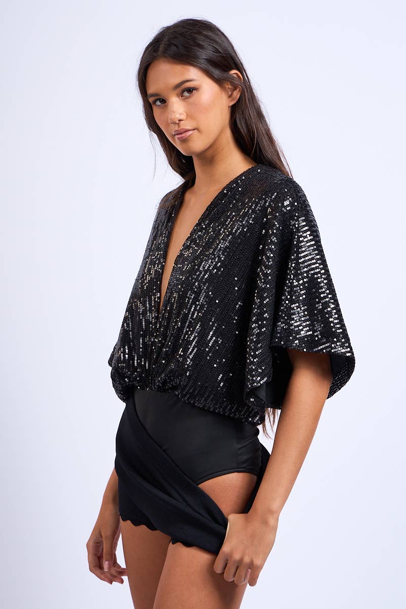 Sky to Moon - Wholesale Bodysuit - Women's - SEQUIN GLITTER PLUNGING NECK HALF SLEEVE BODYSUIT5