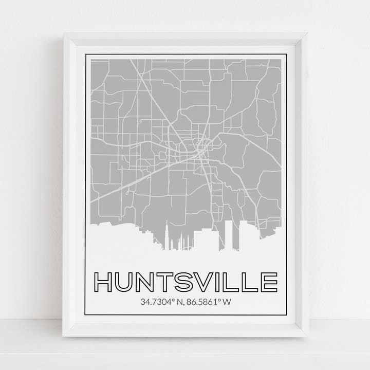 Huntsville Alabama print med kort, skyline, koordinater for engroshandel hos Paperfinch Design