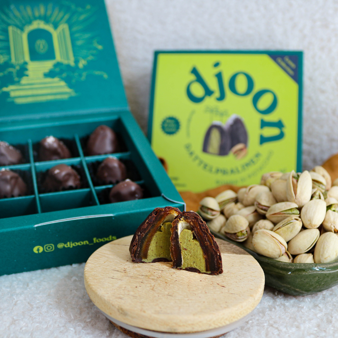 djoon – Doces cobertos de chocolate por atacado – Chocolate de tâmaras: Bomba di Pistacchio (orgânico)2