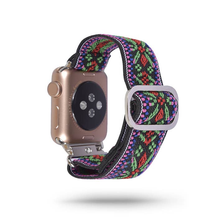 Green and Red Boho Adjustable Fabric Apple Watch Band for wholesale by Thomas and Lee Company