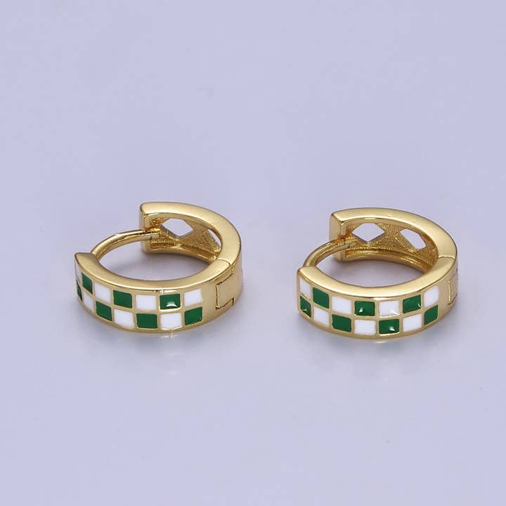 Aim Eternal - Wholesale Huggie Earrings - 24K Gold Filled Enamel Checker Hoops Earring Retro Gold Hugg