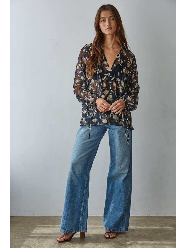 Navy Multi L9040 | Woven Polyester Floral Print Button Down Top for wholesale on Faire1