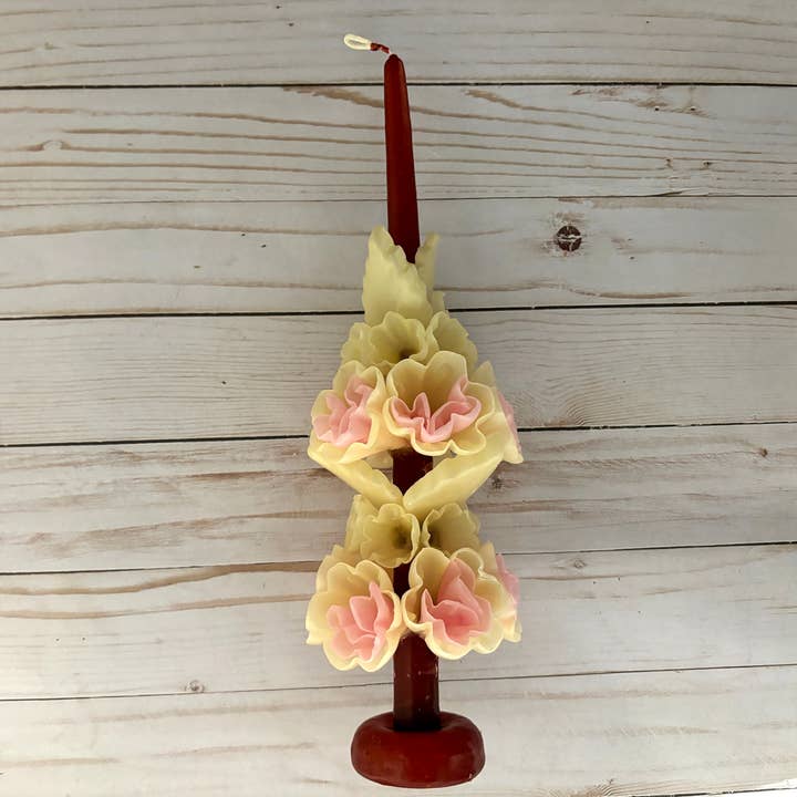 Beeswax Large Pink & Wine Oaxaca Multicolor Marigold Candle for wholesale by Viva Greetings