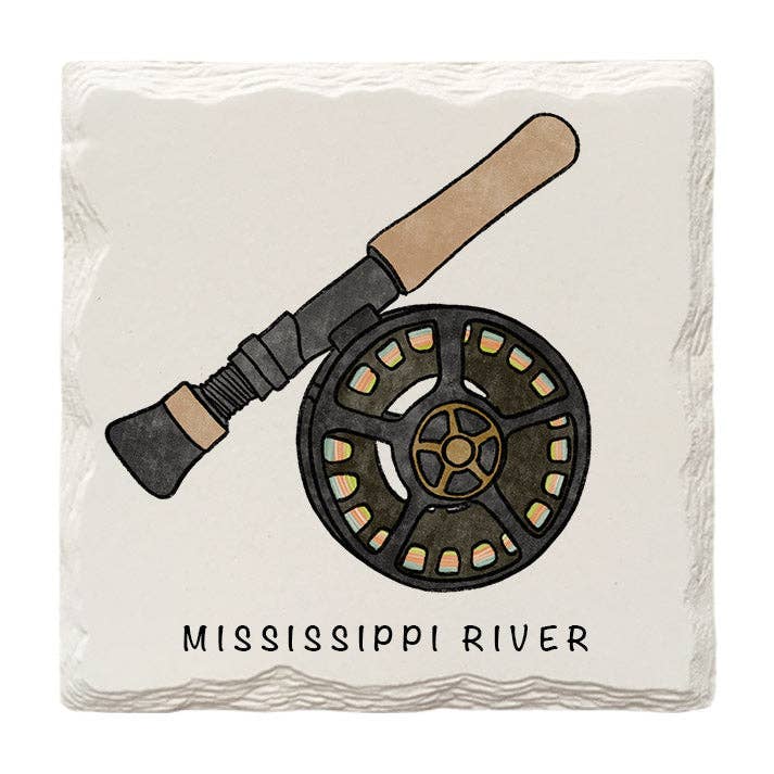 Mill Wood Art – wholesale Coasters – Customizable Fly Fishing Reel Doodle | Drink Coaster | Absorbent Ridged Ceramic