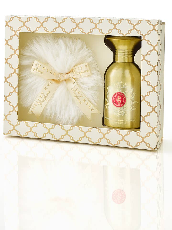 Velvet Rose Oud Shimmer Powder Gift Box Set for wholesale by Shelley Kyle