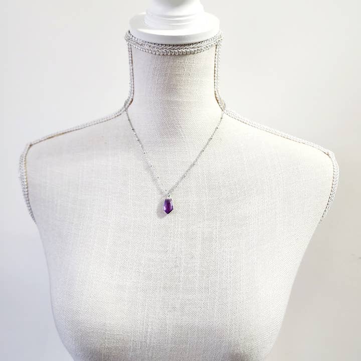 MergingMetals - Wholesale Pendant/Charm Necklace - Dainty Faceted Amethyst Wide Hexagon Necklace 4