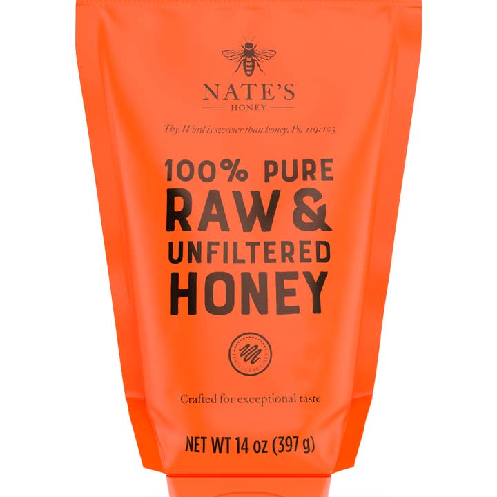 Nature Nate's Raw And Unfiltered Honey Pouch, 14oz for wholesale by Nate's Honey
