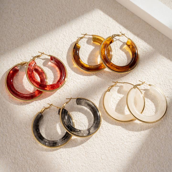 COSMOS - Wholesale Hoop Earrings - Golden Resin Creoles Stainless Steel Chic Elegance4