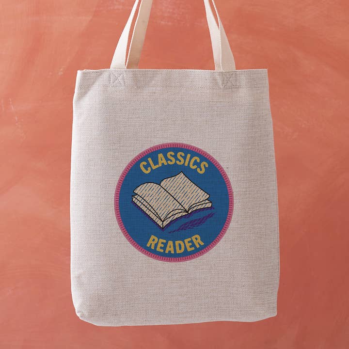 Classics Reader Tote Bag – Literary Merit Patch Design for wholesale by Bookishly (US Duties Paid)