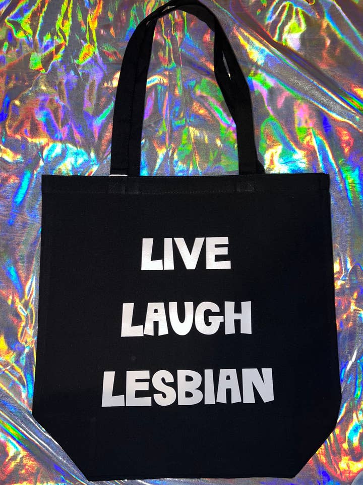 Live Laugh Lesbian Tote Bag (grappige draagtassen) voor wholesale door MP Bag Makers