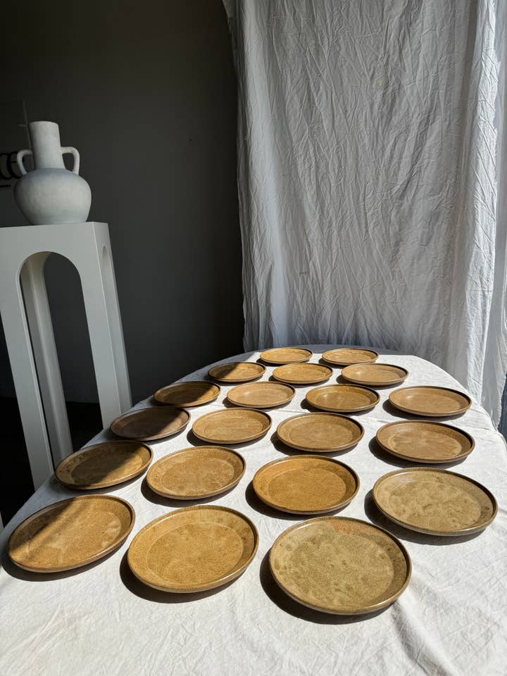 Satz von 20 dicken, braunen, ausgestellten Steinguttellern D22,5 für den Großhandel von Office Objets