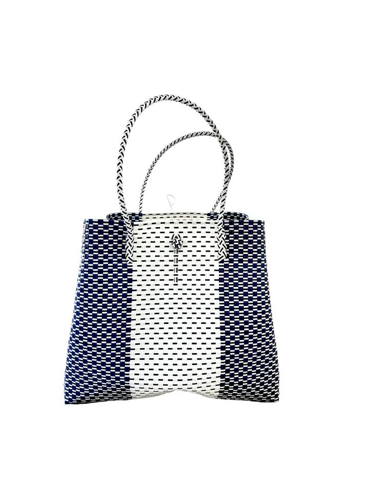 Studio Coast – Navy & White Woven Tote With Centre Panel for wholesale by Pure Di Casa
