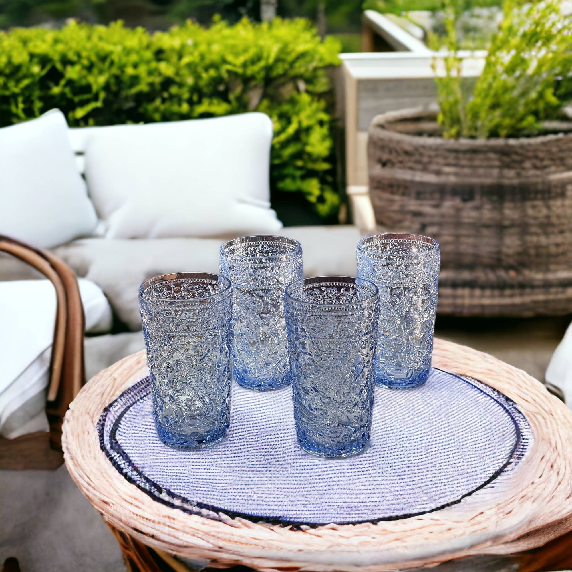 HomeRoots - Wholesale Cocktail/Liquor Glass - Set of Four Blue Paisley Acrylic Stemless Highball Glass1