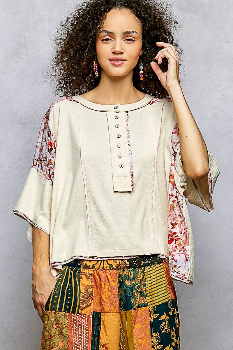 Pol Clothing - Wholesale Knit Top - Women's - Floral Print Patch Button Down Short Sleeve Top6