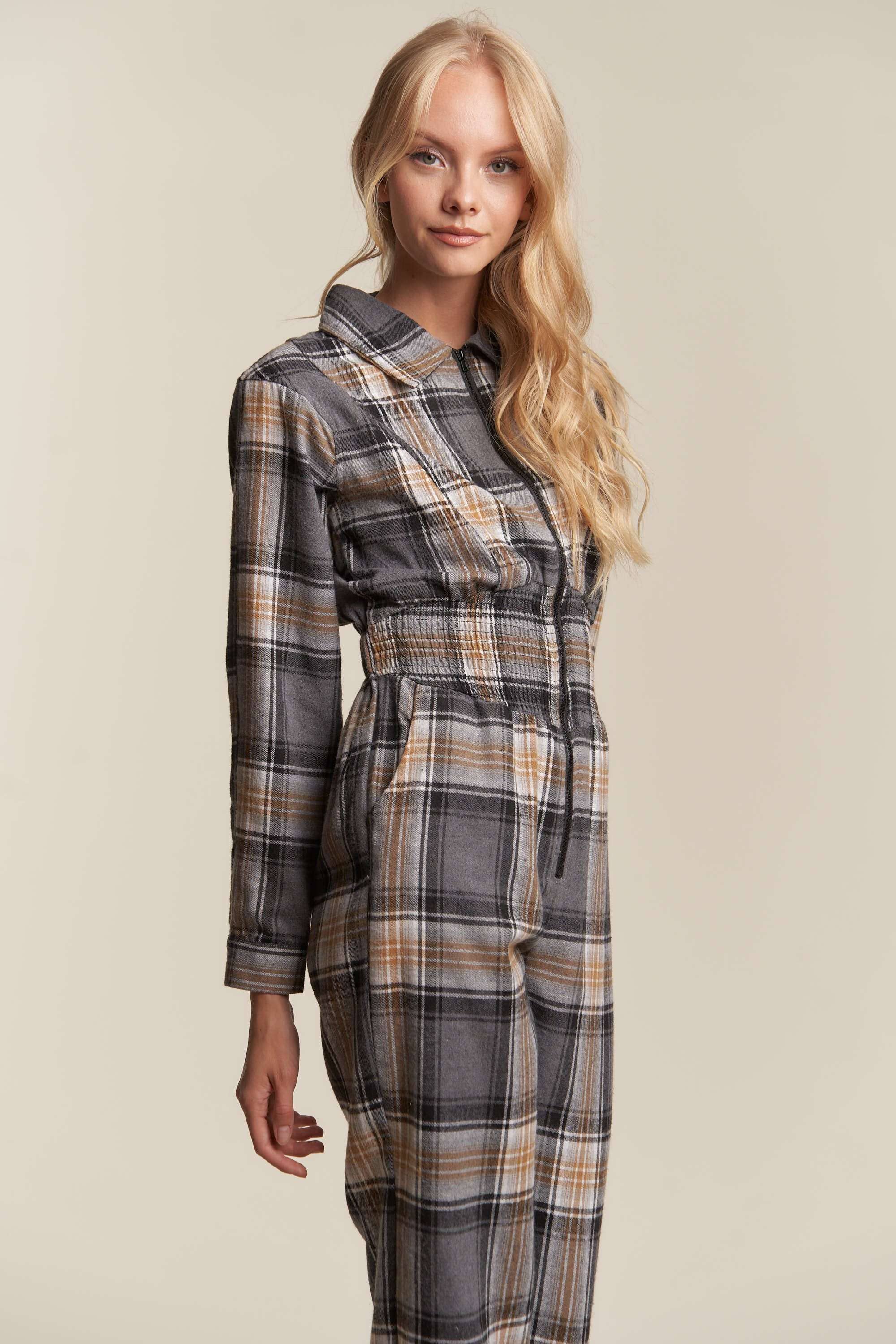 Hers & Mine - Wholesale Jumpsuit - Women's - PLAID ZIPPER DOWN SMOCKED WAIST JUMPSUIT4