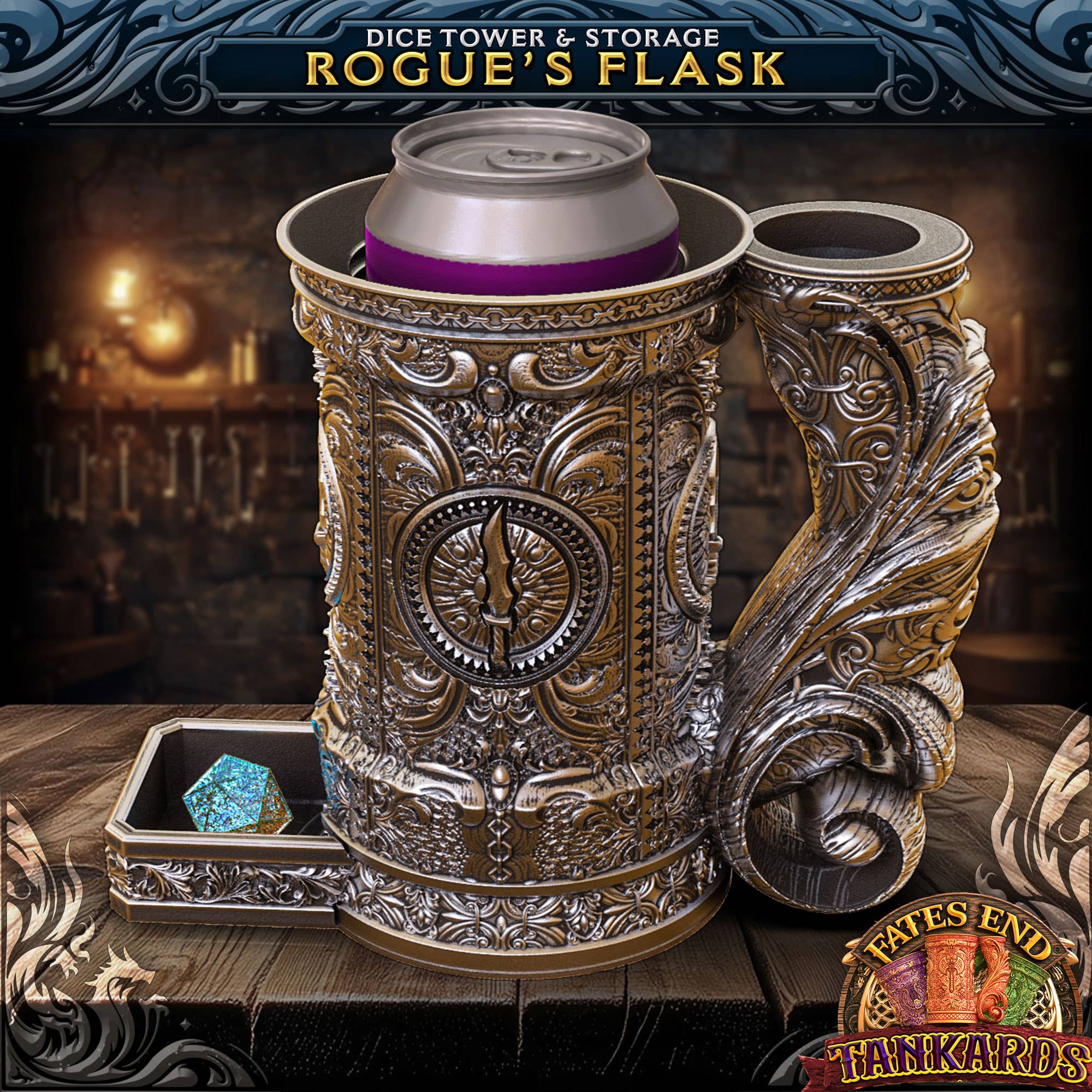 Rogue 12oz Dice Tower Tankard | TTRPG, D&D, Daggerheart for wholesale by American Carver LLC