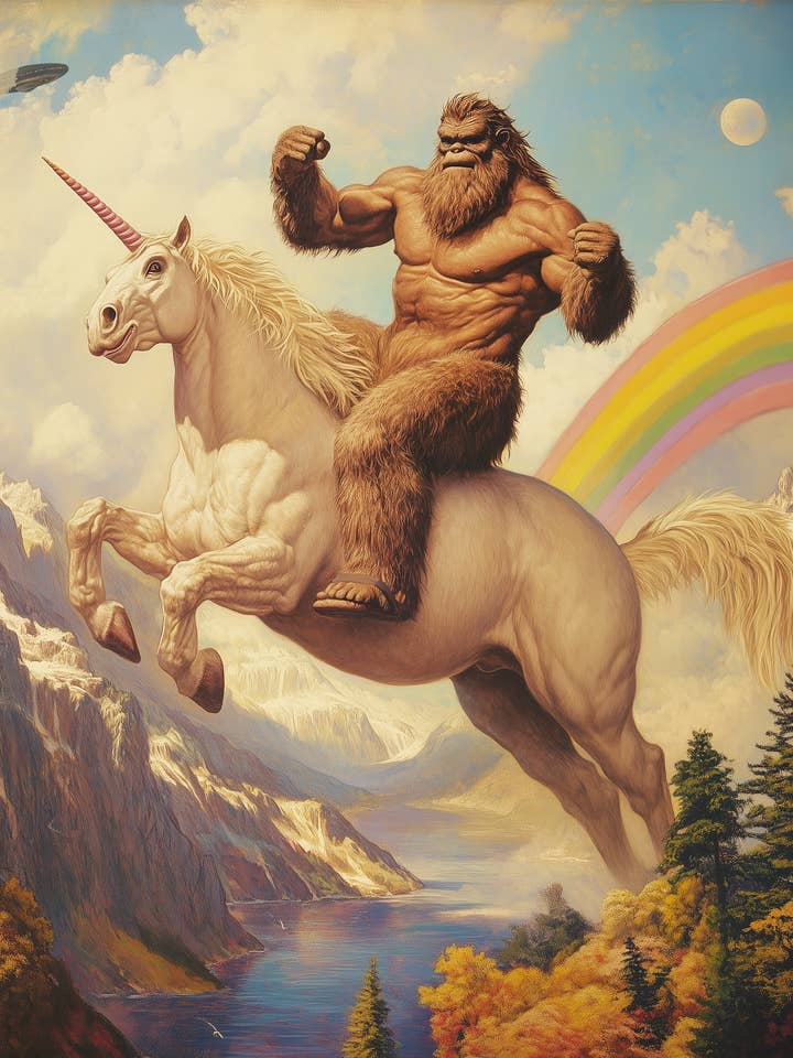 Pé Grande num Unicórnio Sob um Arco-Íris - Impressões Artísticas de Pé Grande e Alienígena – Arte de 8″x10″ em Passepartout de 11″x14″ por atacado de Mowbi