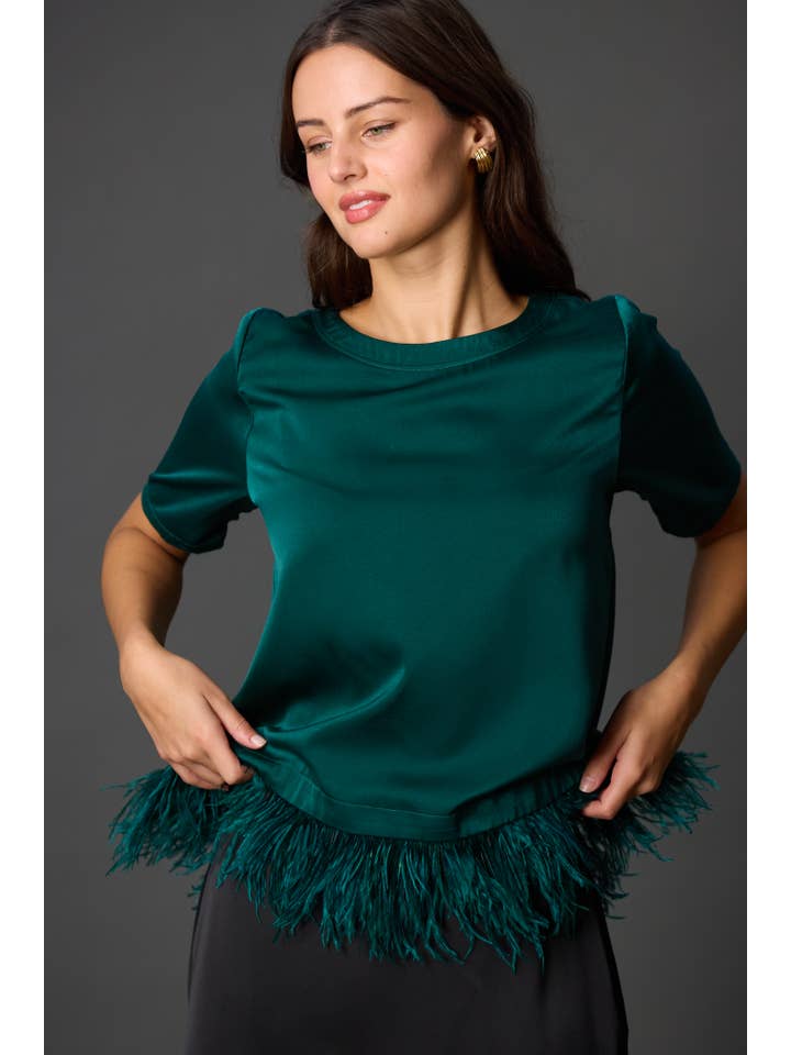 Before You Collection - Wholesale Blouse - Women's - Satin Feather Trim Short Sleeve Top2