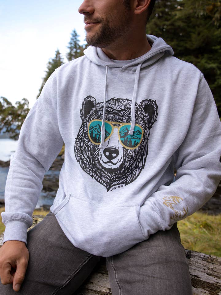 Bear with Sunglass Unisex Lightweight Hoodie Lt. Gray for wholesale by Woodlands