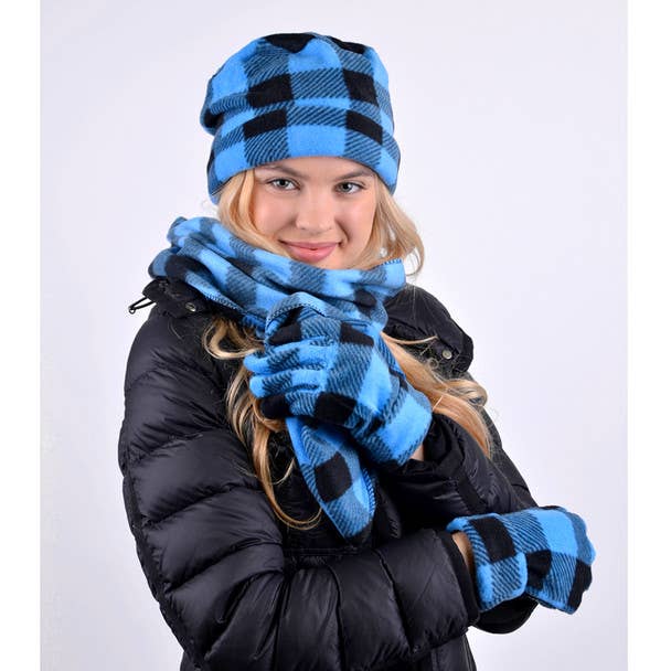 Selini New York - Wholesale Winter Accessory Set - Women's - Women's Fleece Azure Blue Plaid Winter Set1