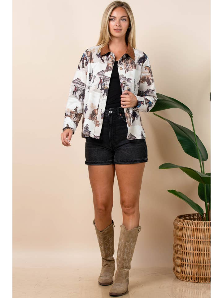 Khaki Multi AT1317-AUDREY WESTERN PRINT LIGHT WEIGHT BARN JACKET for wholesale on Faire2