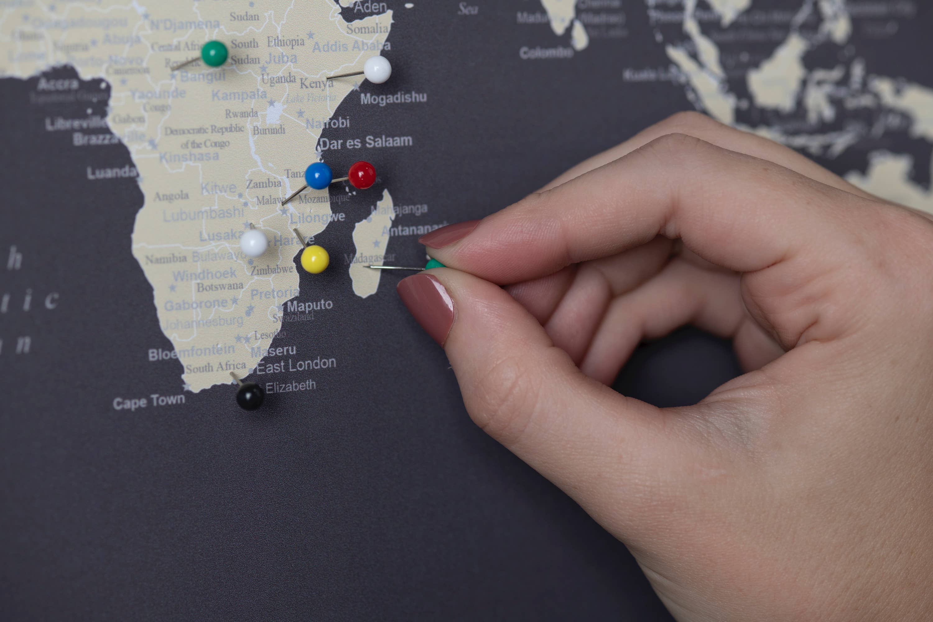 An Adventure Awaits, LLC - Wholesale Map - 11x14 Framed World Push Pin Map - Charcoal Grey1