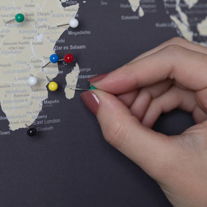 An Adventure Awaits, LLC - Wholesale Map - 11x14 Framed World Push Pin Map - Charcoal Grey1